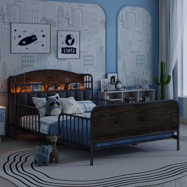 English Elm Full Solid Wood Kids Platform Bed with Guardrail, Low-Profile Durable Pine & MDF, 350LB Capacity Black 58.27 L x 16.93 W x 9.65 H W2593P337445