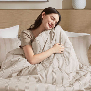 English Elm 7-piece Woven Stripe Full Comforter Set Neutral Polyester Bedding for Any Room Neutral B035P463206