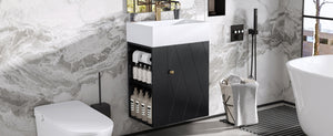 English Elm 20 Modern Wall-Mounted Bathroom Vanity with Ceramic Sink, Diamond Door, Gold Handles & Shelves — Compact Black N725P314033B