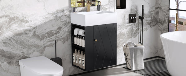 English Elm 20 Modern Wall-Mounted Bathroom Vanity with Ceramic Sink, Diamond Door, Gold Handles & Shelves — Compact Black N725P314033B