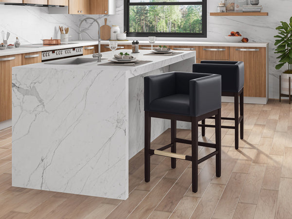 English Elm Kingsley Wood Upholstered Barstool with Walnut Beech Frame, Faux Leather Seat, Gold Footrest, 30" seat height Black B365P398450