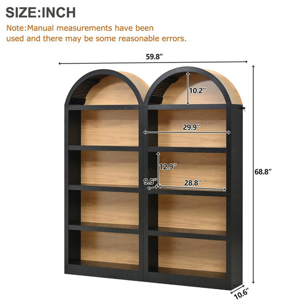 English Elm On-trend Farmhouse Two-tone Bookcase Set Arched Fabric Crown Open 5-tier Shelving Black+Natural N721P411205B