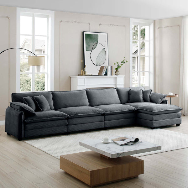 English Elm Corduroy 4-Seater Sofa With Footstool – Modern Upholstered Comfort, Ergonomic Design & Pillows Included W714S00761