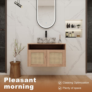 English Elm 30" Wall Mounted Bathroom Vanity Oak Finish Ceramic Art Sink Soft Close Storage W999S00493