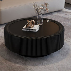 English Elm Black Round Fluted Pu Leather Coffee Table Tempered Glass Top Hidden Storage Modern Black W3081P428980