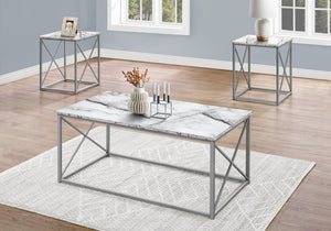 English Elm Table 3-Piece Set with Marble Look Laminate Tops and Grey Metal X Frames for Modern Living Room White 46 L x 25 W x 5 H B2710P219990