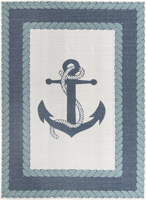 Unique Loom Outdoor Coastal Anchor Machine Made Border Rug Navy Blue, Light Blue/Ivory 9' 0" x 12' 2"