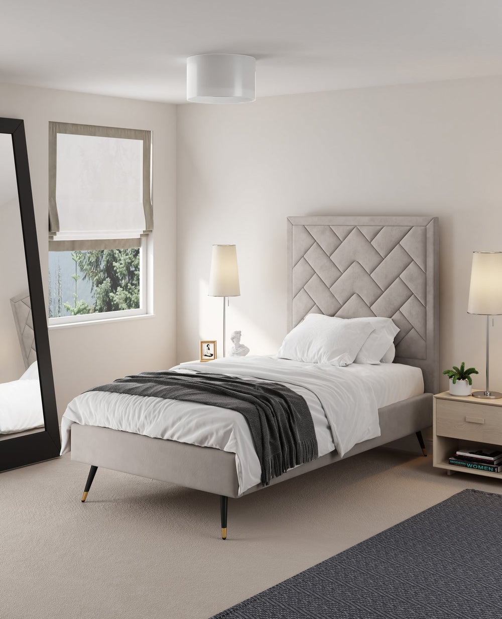 English Elm Crosby Upholstered Velvet Twin Bed in Greige with Chevron Headboard, Solid Slats, Foam Padding, No Box Spring Needed B365S00043