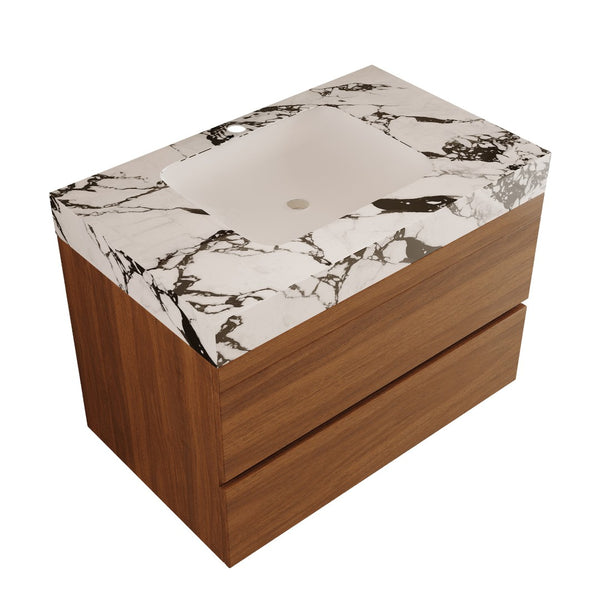 English Elm 29.9" Floating Bathroom Vanity Sintered Stone Top Soft Close Drawers Bronze Gold Hardware W3136S00040