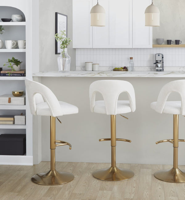 English Elm Adjustable Swivel Barstools Set of 2 White Fabric Padded Seats Chrome Base B202S01950