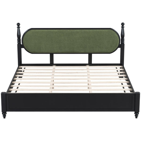 English Elm King Platform Bed Solid Wood Frame Navy Velvet Headboard Modern Bedroom Furniture N770PK379966B