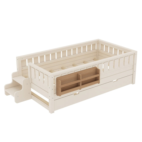 English Elm Twin Kids Platform Bed with Trundle Staircase Bookshelf and Rounded Safety Rails Beige W1580S00556