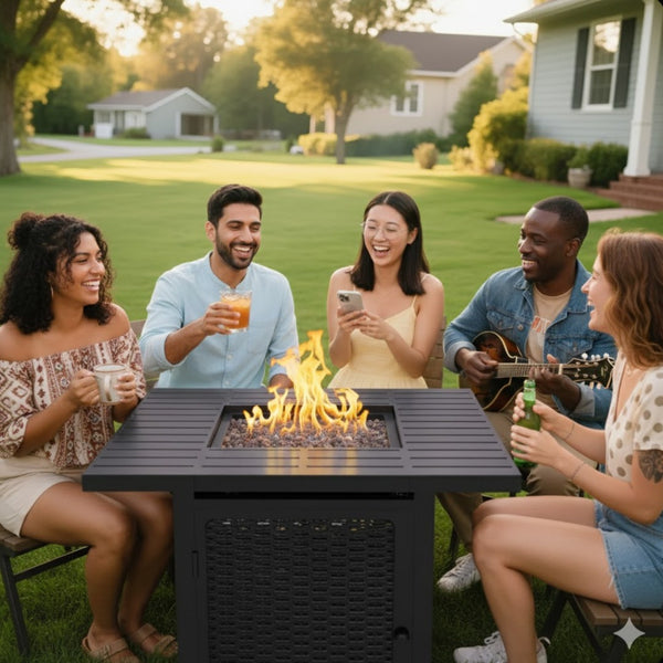 English Elm 30”width Outdoor Rattan Iron Propane Fire Pit Table 50000 Btu Patio Entertainer B082P454965