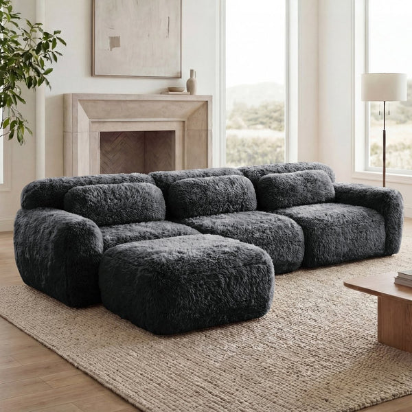 English Elm L-shaped Plush Modular Sectional Sofa with Ottoman and High Resilience Foam Seating Dark Grey W714S01550