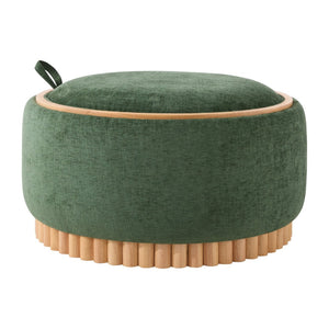 English Elm 29" Round Boucle Storage Ottoman Sculptural Wood Base Reversible Lid Living Room Green N723P405304G