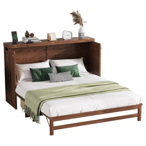 English Elm Murphy Cabinet Queen Bed Solid Pine Frame with Built-in Charging Station for Guest Rooms Walnut W504S00165