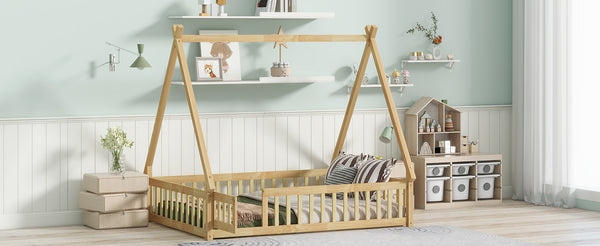 English Elm Full Size Rubber Wood Tent-Shaped Floor Bed With Guardrails & Door - Cozy, Modern Retreat For Kids W504P345788