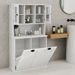 English Elm Two-compartment Tilt-out Laundry Cabinet Tall White Mdf Bathroom Storage with Shelves W1120S00001