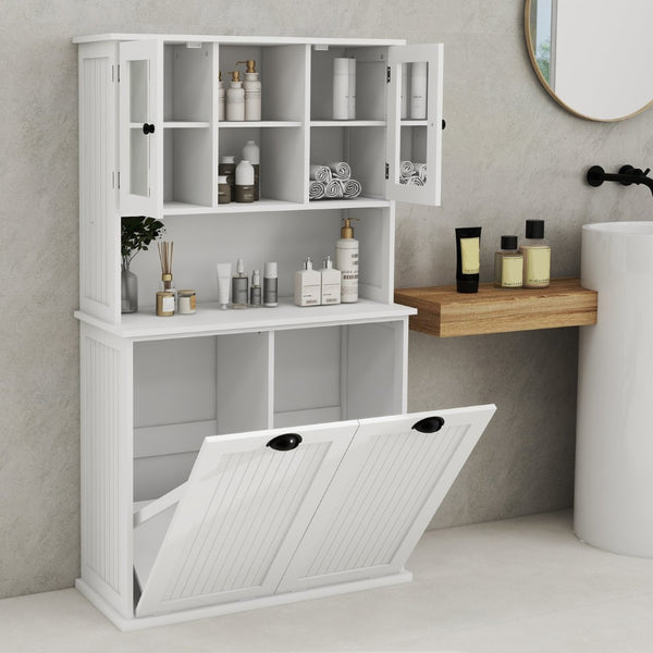 English Elm Two-compartment Tilt-out Laundry Cabinet Tall White Mdf Bathroom Storage with Shelves W1120S00001