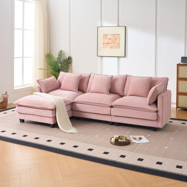 English Elm Beige Chenille Sectional Sofa with Modular Ottoman for Living Room or Studio Pink W2603S00003