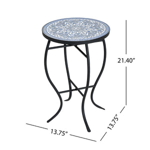 English Elm Outdoor Mosaic Ceramic Tile Round Side Table with Curved Wrought Iron Patio Accent Black,Blue,White N773P365597B