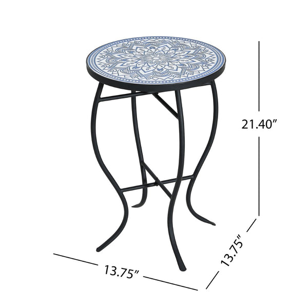 English Elm Outdoor Mosaic Ceramic Tile Round Side Table with Curved Wrought Iron Patio Accent Black,Blue,White N773P365597B