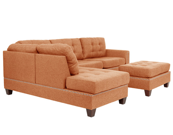English Elm 3 Piece Reversible Sectional Sofa Set with Ottoman in Citrus Orange — Tufted, Nailhead Trim, Plush Comfort B089S00177