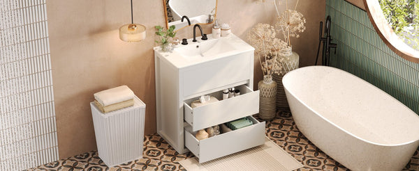 English Elm Christopher Knight Home® - 30" Bathroom Vanity with Ceramic Sink, 2 Soft-Close Full-Extension Drawers, Handle-Free 45° Design, Durable MDF White N817P280549W