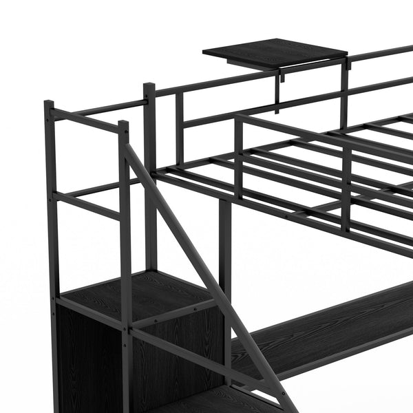 English Elm Full Metal Loft Bed with L-Shaped Desk, RGB LED Lights, Charging Cradle, Wardrobe & Drawers Black W1162S00014