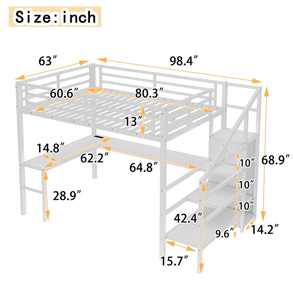 English Elm Queen Size Loft Bed With L-Shaped Desk, Usb Port & Led Lights - Stylish Space-Saving Solution For All W1580S00124-GIGA