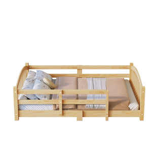English Elm Full Montessori Pine Wood Floor Bed with Safety Rails Low Profile Kids Room Frame Natural N733P400299N