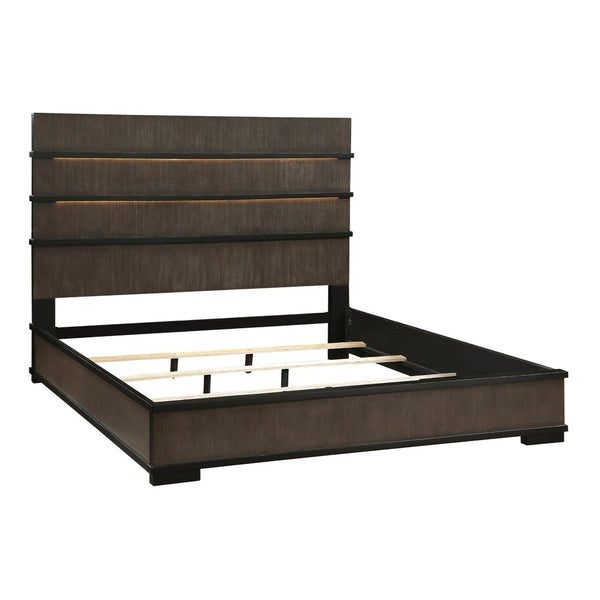 English Elm Two-tone Oak Veneer Queen Bed with Led Headboard for Modern Industrial Bedroom B011S01411