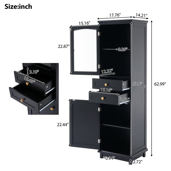 English Elm 63" Tall Bathroom Vanity Cabinet with Glass Doors, Two Drawers and Adjustable Shelves for Stylish Storage Black N729P171305B