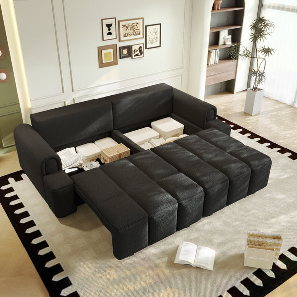English Elm 90.2" Plush Teddy Fabric Convertible Sleeper Sofa with Hidden Storage for Living Room Black W1885S00313