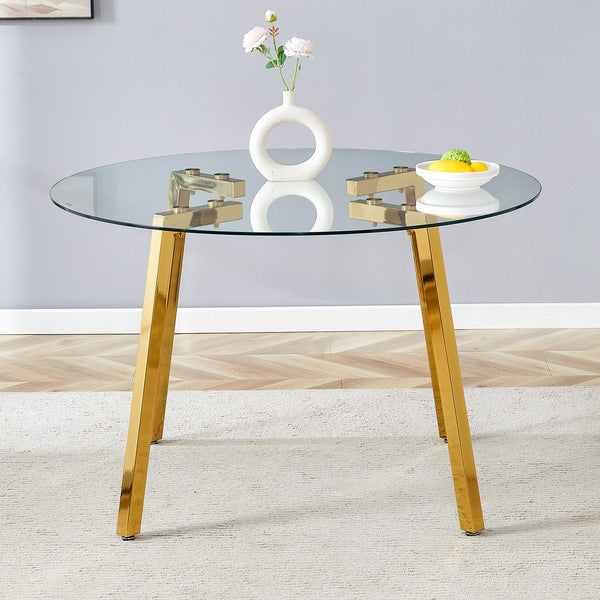English Elm Modern Round Tempered Glass Dining Table with Gold 7-Shaped Legs, 47.3" Clear Top, Durable Luxury W1151S01881