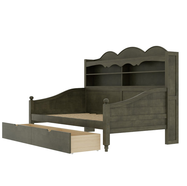 English Elm Twin Daybed Retro Wood Frame with Under Bed Drawers and Headboard Shelving Antique Grey N733S415358E