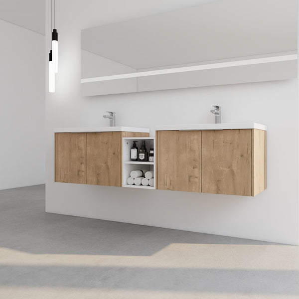 English Elm 72 Inch Wall Mounted Vanity with Resin Sink, Soft-Close Doors, Ample Storage Shelves, Durable Eco Plywood Finish Imitative Oak W999S00188