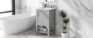 English Elm 20" Matte Freestanding Bathroom Vanity Rubberwood Cabinet Ceramic Sink Open Shelf Grey N725P391115E
