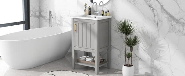 English Elm 20" Matte Freestanding Bathroom Vanity Rubberwood Cabinet Ceramic Sink Open Shelf Grey N725P391115E