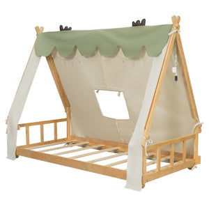 English Elm Twin Cabin Bed with Detachable Tent Skylight and Woodland Deer Antler Accents White N708P356716K
