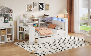 English Elm Wood Twin Size Platform Bed With Drawers, Charging Station, Led Light, Desk, & Upholstered Headboard N7090001046K-GIGA