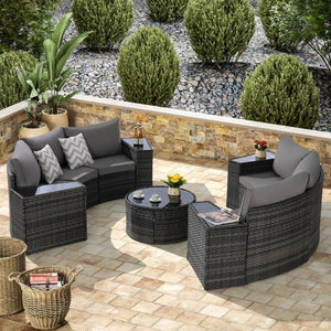 English Elm Outdoor Patio Furniture 11-Piece Half-Moon Sectional Set With Glass Table For Stylish Outdoor Lounging W874S00047-GIGA