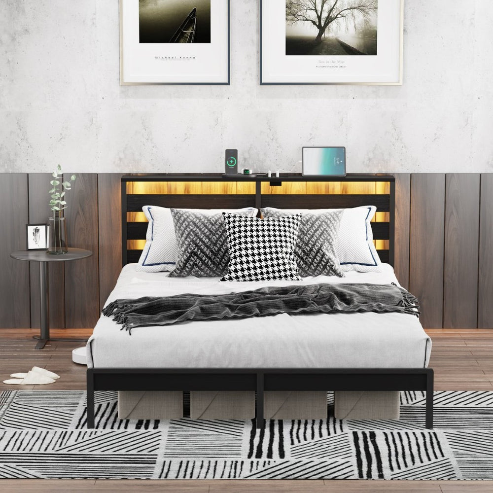 English Elm Full Size Platform Bed with Wood Headboard Led Lighting and Usb Charging Storage W311P416241