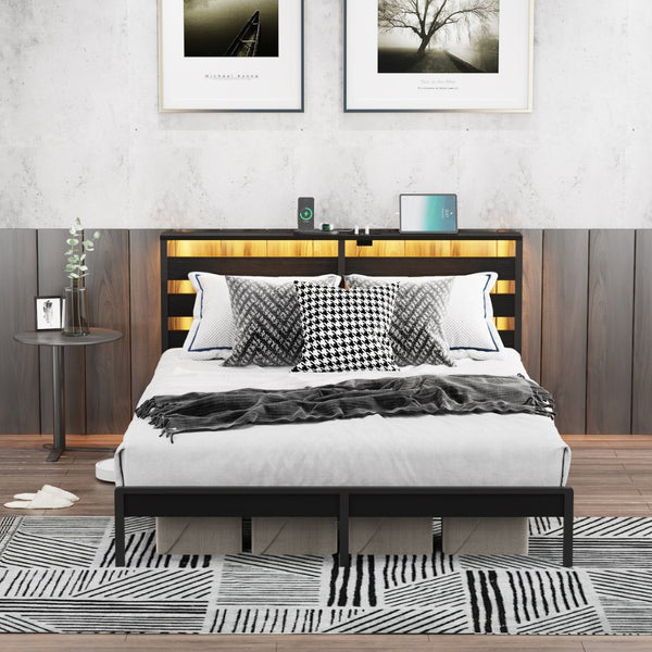 English Elm Full Size Platform Bed with Wood Headboard Led Lighting and Usb Charging Storage W311P416241