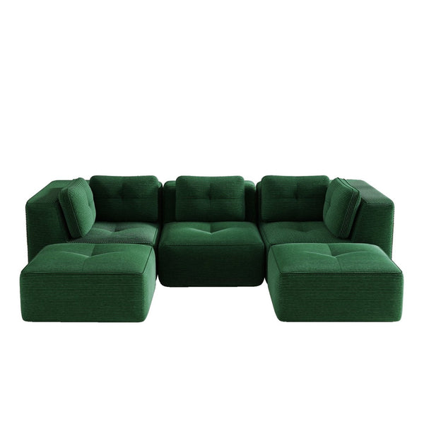 English Elm Modern Corduroy U-shaped Sectional with Tufted Cushions Deep Seat and Movable Ottomans Green W714S01797