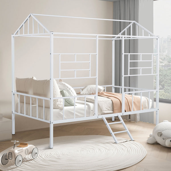 English Elm Twin Contemporary House-Style Loft Bed with Full Metal Frame, Angled Ladder, Sturdy Kids Bunk Design White 78 L x 15 W x 7 H B2741P347294