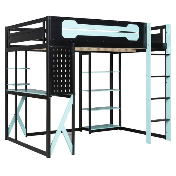 English Elm Full Size Loft Bed with Rgb Lighting Chevron Desk Usb Charging Ports and Storage Shelves Black+Blue LT000286AAC