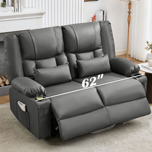 English Elm Recliner Loveseat with Massage Heat Pu Leather Dual Seating and Usb Charging Ports Grey W1521S00081