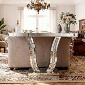 English Elm 43 Inch Mirrored Console Glam Sofa Table with Crystal Stone Inlaid Curved Legs W1445P370475