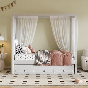 English Elm Twin Upholstery Canopy Platform Bed with Trundle & 3 Storage Drawers, Beige — Modern Pine Frame, 75.6"H DL001916AAA